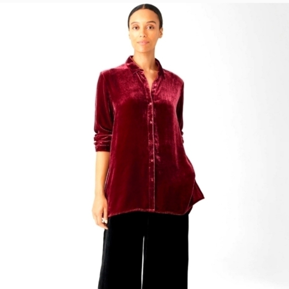 Eileen Fisher velvet classic collar long shirt deep claret Large NWT - Picture 1 of 8